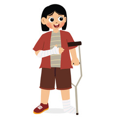 cute girl with broken arm in flat design on white background. Injured child with bandage arm. a cast on his arm due to an accident
