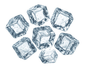 Obraz premium Seven transparent ice cubes with visible air bubbles arranged randomly on transparent background.