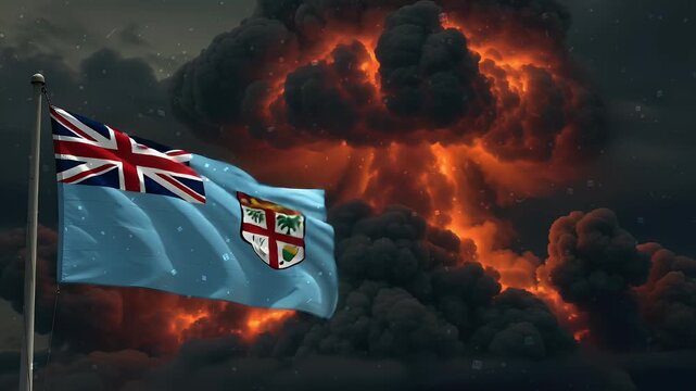The flag of Fiji waves against a fiery explosion. A conceptual animation symbolizing crisis, war, or disaster. Suitable for news or political content.