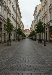 Obraz premium Empty Pedestrian Street in European City – Clean Urban Scene with Historic Architecture and Trees