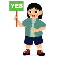cute girl saying yes with hand sign. happy cute child girl carrying correct sign vector.