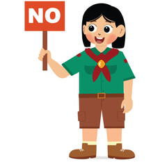 cute girl saying no with sign. happy cute kid girl carry wrong sign vector.