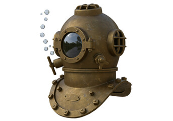 Naklejka premium Isolated Vintage Diving Helmet with Bubbles Ascending