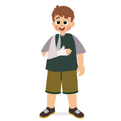 cute boy with broken arm in flat design on white background. Injured child with bandage arm. a cast on his arm due to an accident