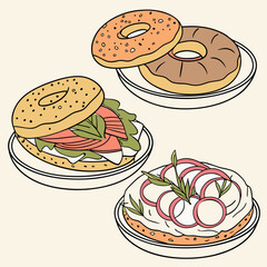 Tasty Bagel Illustration – Variety of Bagels with Cream Cheese, Vegetables, and Sweet Toppings