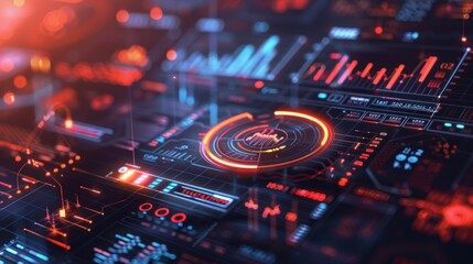 A futuristic, digital interface with a glowing, circular interface and various data charts and graphs.