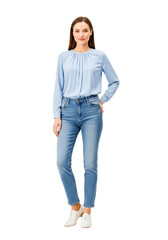 young woman in jeans isolated on white