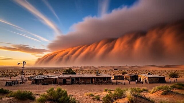 Massive Orange Dust Storm Engulfing Desert Landscape with Rustic Buildings and Windmill