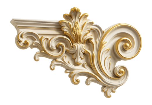 Elegant decorative architectural ornament with intricate scrollwork and golden accents on transparent background.
