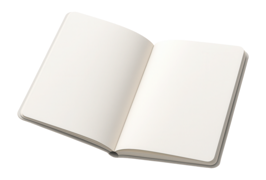 Open blank notebook with lined pages, useful for writing, drawing, or planning, on transparent background.