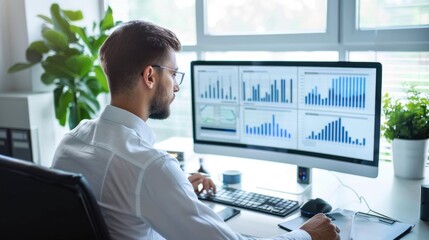 A man wearing glasses, seated at a desk, working on a computer with a large screen displaying various graphs and charts.