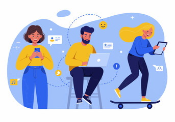 Three diverse individuals interact with technology, using a phone, laptop, and tablet.