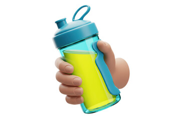 Isolated Hand Holding Transparent Blue Water Bottle with Yellow Drink