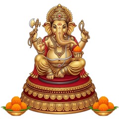 Illustration of golden ganesha sitting on a red and gold pedestal with sweets in bowls at the base