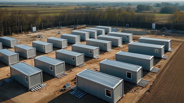 Aerial View of Modular Buildings on Construction Site, Daytime.