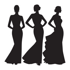 A black and white silhouette illustration of five elegant women in formal ball gowns arranged in a horizontal line. 