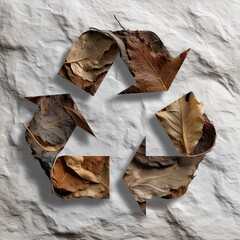 Eco-Friendly Recycle Symbol Made of Autumn Leaves on White Stone