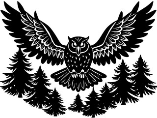 Obraz premium Owl Flying Over Trees Silhouette