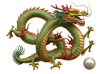 Isolated Majestic Chinese Dragon with Pearl Symbolizing Wisdom