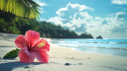 Fototapeta premium Vibrant Hibiscus Flower on a White Sandy Beach with Tropical Backdrop