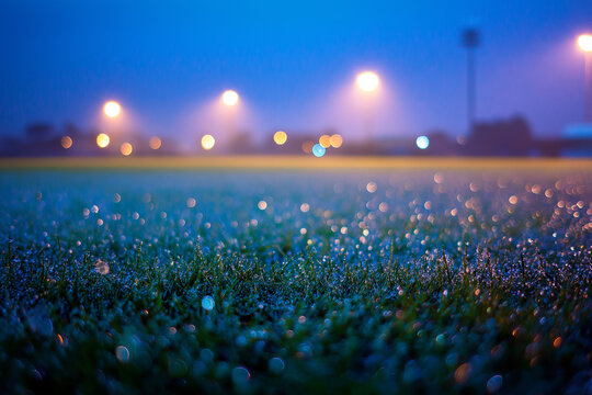 Dew on grass illuminated by stadium lights at night. Perfect for sports websites, night photography blogs, or backgrounds for motivational quotes. Nature and artificial lighting harmonize beautifully  - Powered by Adobe