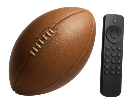 Brown leather American football and black remote control placed side by side on transparent background.