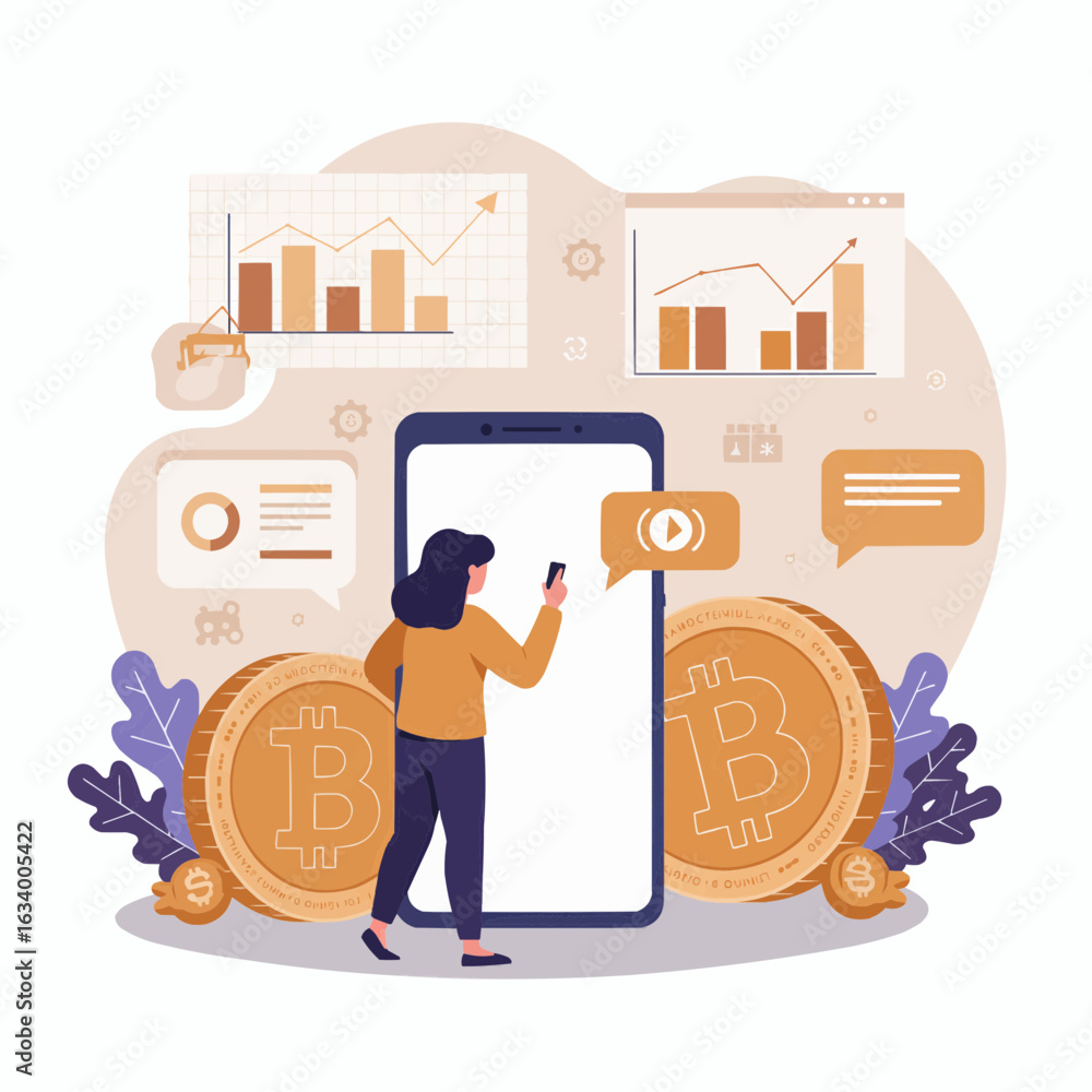 Aufkleber a woman using her phone stands in front of a large phone screen with bitcoin and charts displaying f