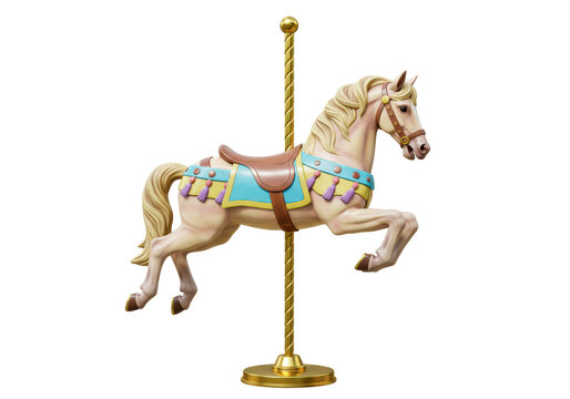 Isolated Antique Carousel Horse on Golden Pole
