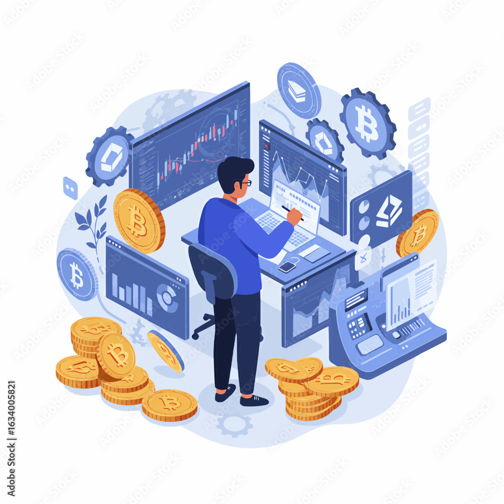 Aufkleber cryptocurrency trader analyzing market data at his desk, surrounded by bitcoin symbols and charts.