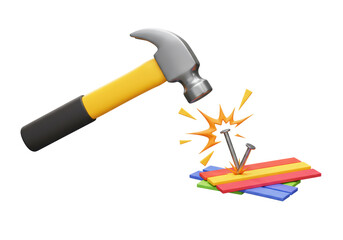 Isolated Hammer Hitting Nails into Colorful Wood Pieces
