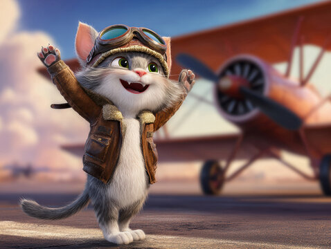 A joyful, animated cat in a brown pilot jacket and goggles stands on two legs beside a vintage biplane The kitten waves its paw, with bright airstrip setting and puffy clouds overhead - AI-Generated