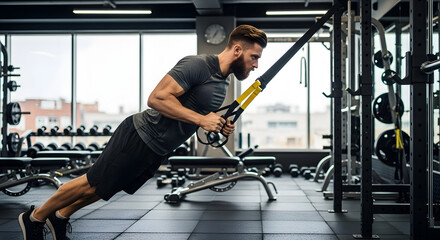 Athletic man performing TRX suspension training in a modern gym, showcasing strength, balance, and core stability in a functional workout routine for an active lifestyle.

