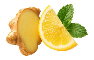 A fresh ginger slice, lemon wedge, and sprig of green mint leaves arranged together on transparent background.