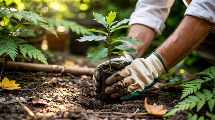 Fototapeta premium Man planting seedling, showing care for environment, growing new tree, fostering growth, environmental stewardship, care
