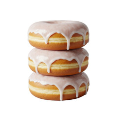 Three classic glazed donuts, golden brown, fluffy, glistening white sugar glaze, neatly stacked, isolated on a transparent background with soft studio lighting, concept for food advertising