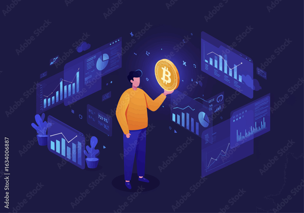 Poster a person holds a bitcoin amidst various financial data visualizations.