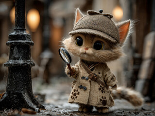Obraz premium A cartoon cat in a trench coat and detective cap investigates cartoon paw prints, standing in a misty toy alley with cobblestones and a streetlight The style suggests noir meets cute, - AI-Generated