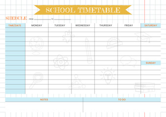 School timetable planner template pencil texture doodle design. Student daily week schedule plan