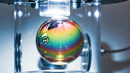 Mesmerizing Iridescent Sphere Levitating in a Scientific Chamber with Vibrant Colors and Light Reflections - Powered by Adobe