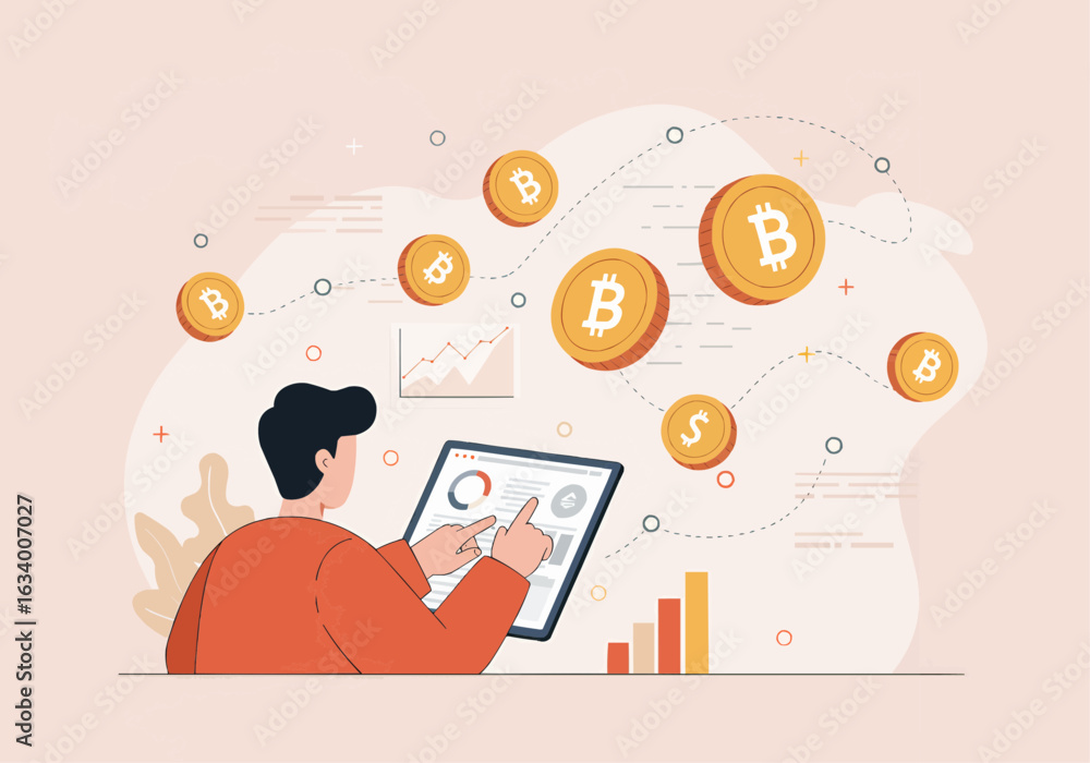 Poster a person interacts with a digital tablet displaying financial data, surrounded by bitcoin symbols.