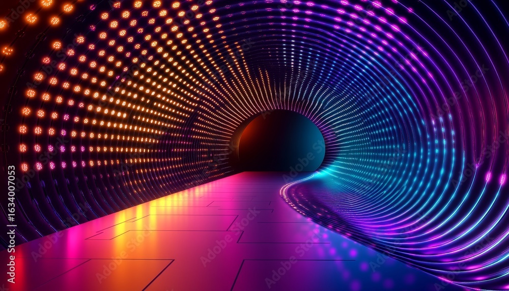 Poster dynamic vibrant light tunnel illusion with flowing lines of color and reflective surfaces in motion