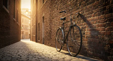 Wandcirkels Smal steegje Vintage bicycle parked in narrow sunlit alley with textured brick walls.   © Rizki