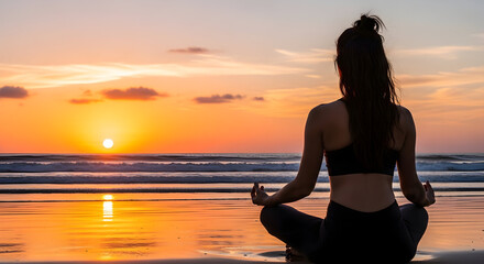 Fototapeta premium A young Woman doing yoga meditation on the beach at beautiful sunset