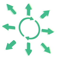 Green 3D arrows with glowing edges surrounding a circular loop on transparent background, indicating continuous flow, multiple directions, and repeating process in a clean digital style.