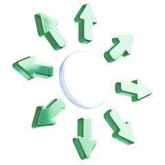Green translucent arrows surrounding a glowing white circle on transparent background, symbolizing focus, direction, and outward flow in a modern and clean graphic style.