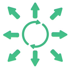 Green arrows arranged in a circular pattern around a central rotating loop on transparent background, representing process flow, direction, and movement in all directions.