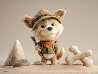 A cartoon puppy, dressed as an explorer, stands by a dinosaur bone in a sandy environment The style is reminiscent of digital illustration or video game concept art - AI-Generated