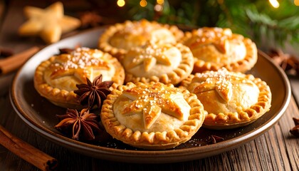 Golden-brown mini pies, sprinkled with sugar, arranged on a dark plate, surrounded by cinnamon sticks and star anise