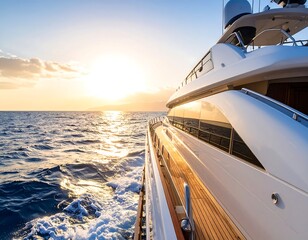 Luxury yacht cruising at sunset, side profile showcasing sleek design and wooden deck