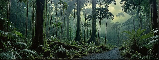 Sunlight streams through dense, lush rainforest, reflecting in a tranquil stream